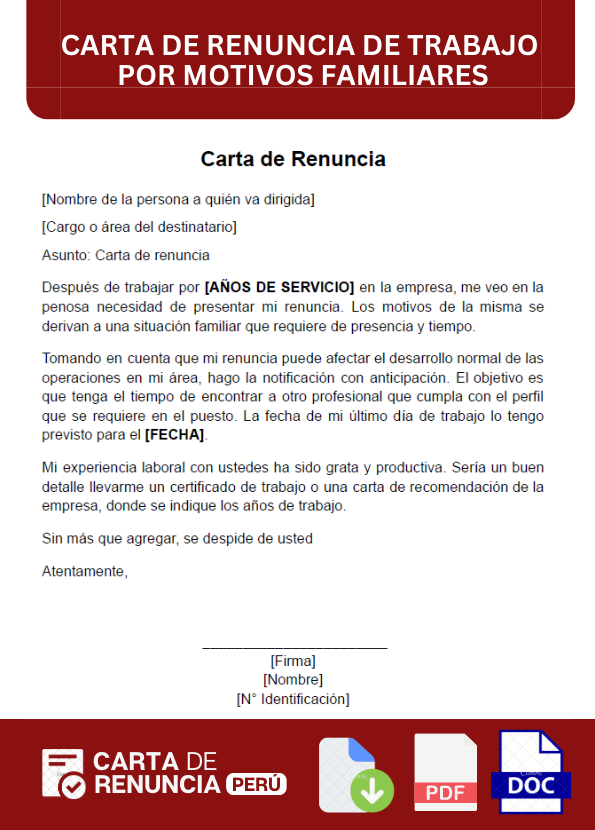 ejemplo de carta de renuncia de trabajo por motivos familiares