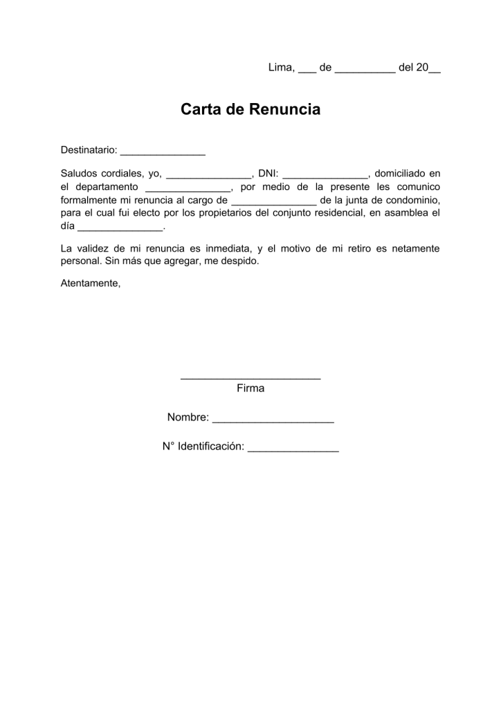 modelo de carta de renuncia a junta de condominio en pdf