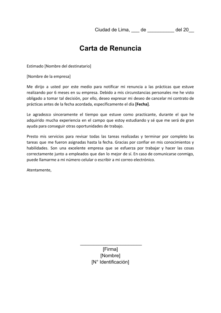 formato de carta de renuncia a practicante en word