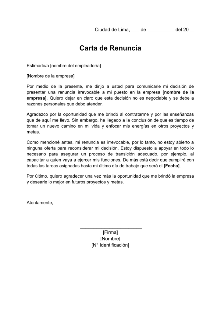 formato de carta de renuncia irrevocable en word