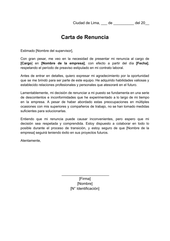formato de carta de renuncia por inconformidad en word