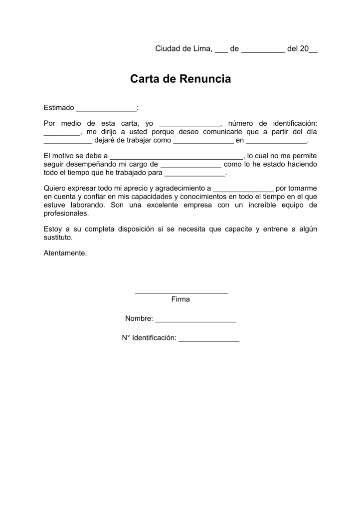 modelo de carta de renuncia y agradecimiento en pdf